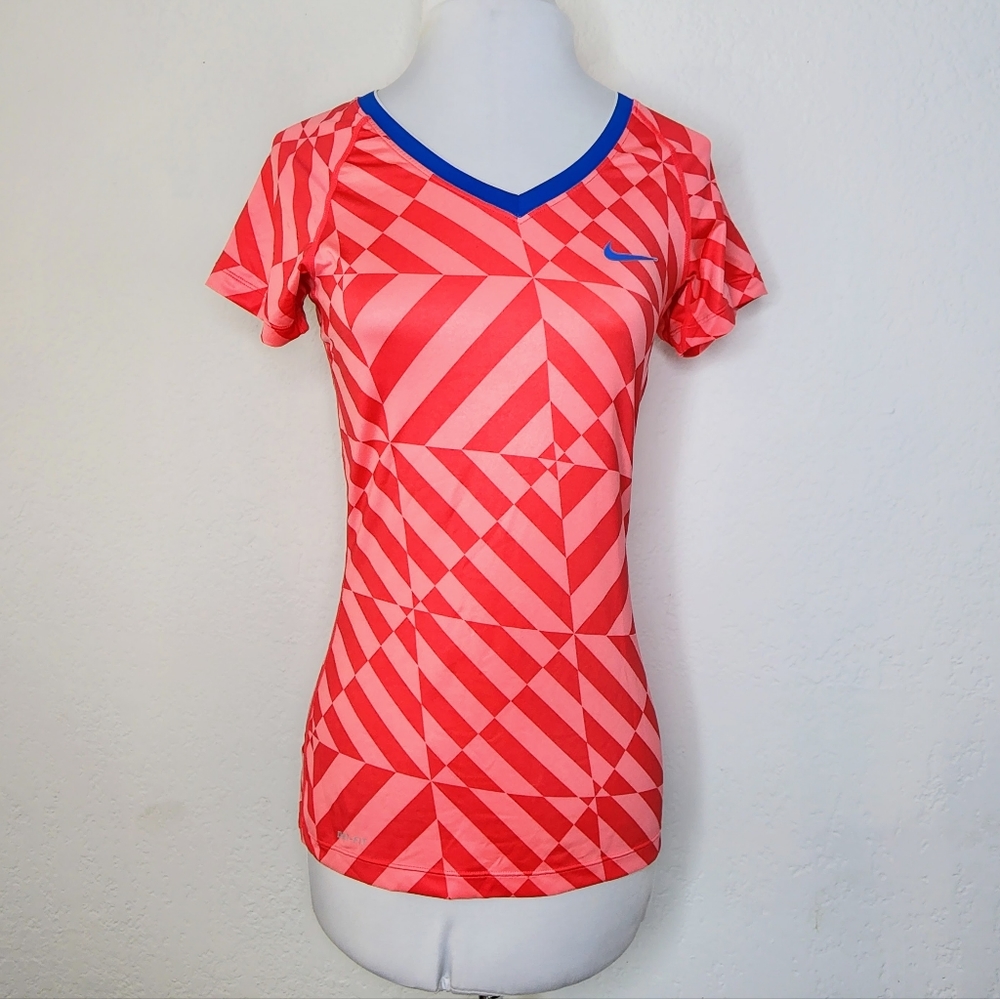 Nike Pro Dri-Fit Size Small Pink Red V neck T-shirt Top Short Sleeve Athleisure